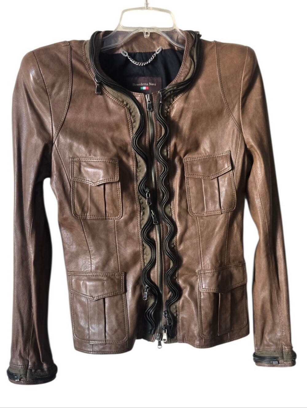Benedetta Novi Italian Leather Ruffle Zip Jacket IT 46 - Picture 2 of 16